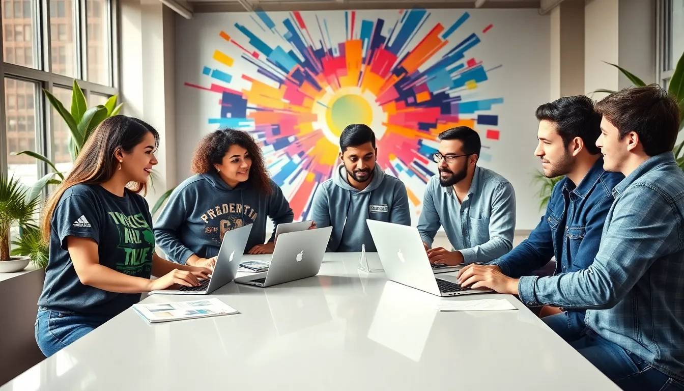 A diverse group discussing digital culture in a modern workspace.