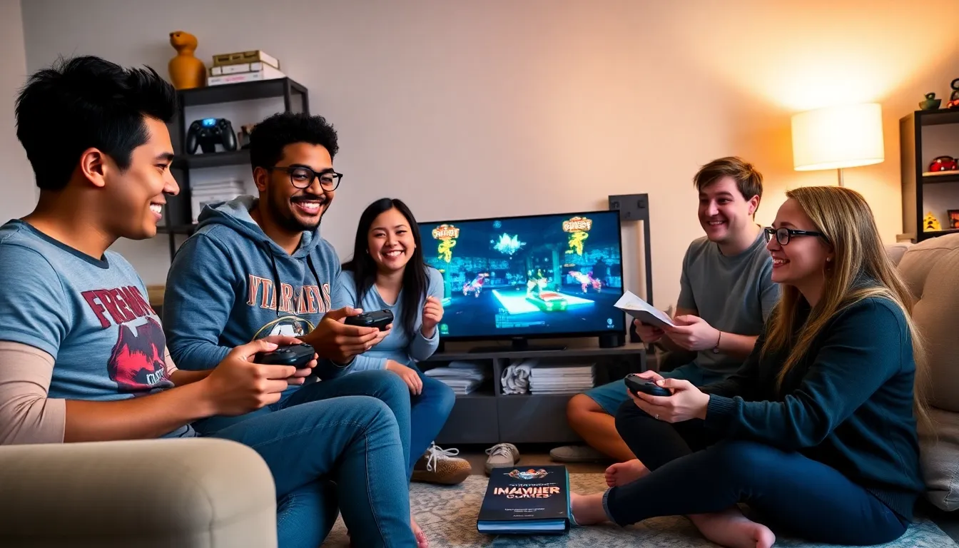 a group of four friends playing an engaging video game in a cozy living room.
