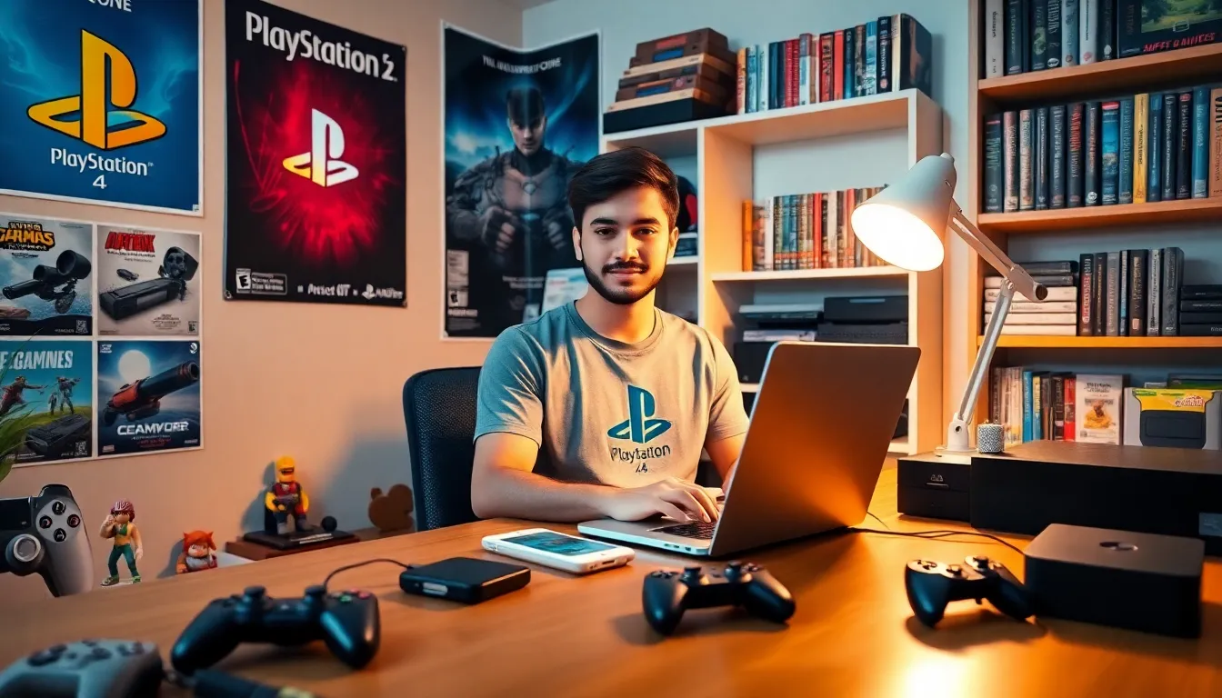 a young gamer working in a home office filled with gaming memorabilia.